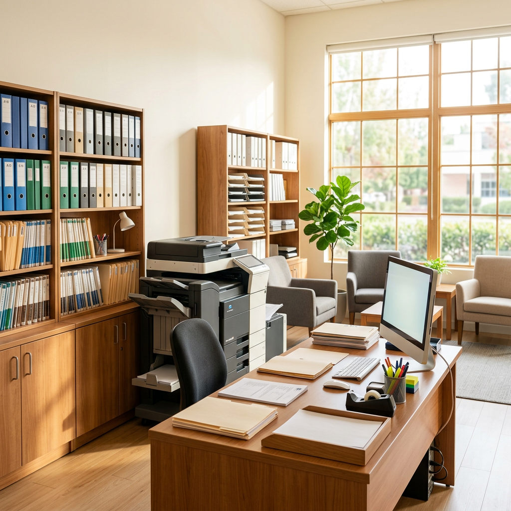 Sunlit office with filing shelves, printer, computer, and paperwork
